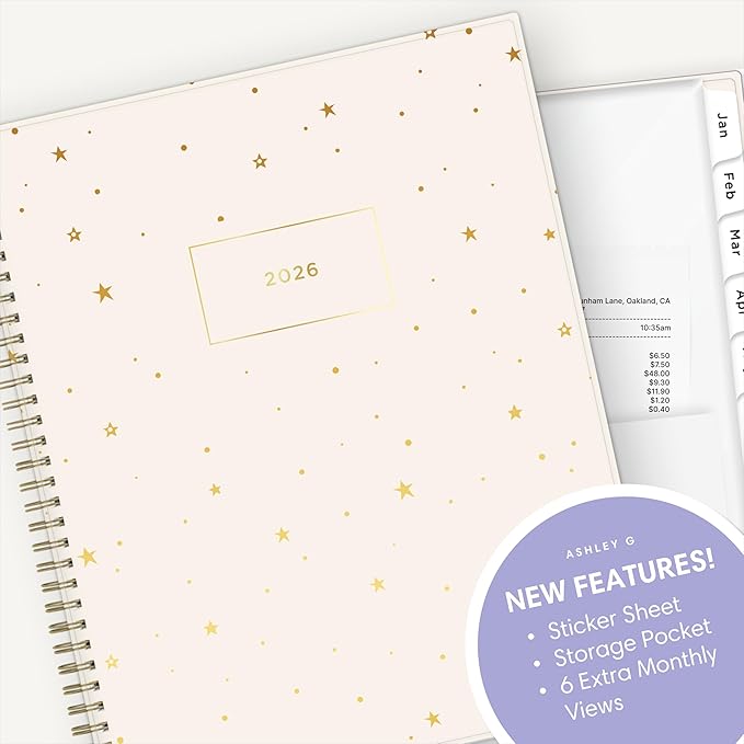 Blue Sky Ashley G 2026 Weekly and Monthly Planner Calendar, January 2026 - December 2026, 8.5" x 11", Flexible Cover, Durable Twin Wire Binding, Laminated Tabs, Pocket & Stickers, Shooting Stars Cream