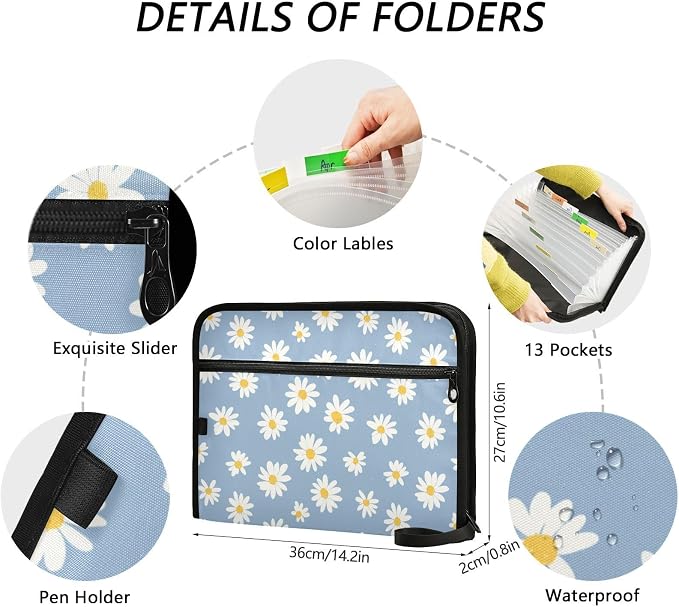 Blue Daisies Accordion File Organizer Expanding Document Folder with 13 Pockets Portable File Folder for A4 Letter Size