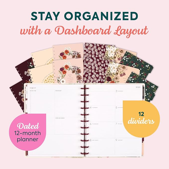 Happy Planner Disc-Bound Planner July 2026–June 2027, Includes 3 Extra Months and 2 Sticker Sheets, Big Size, 8.5" x 11", Horizontal Layout, Wildflower Whimsy