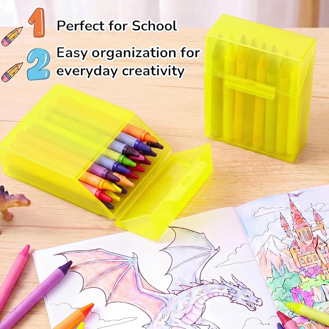 Clabby 2 Pcs Plastic Crayon Organizer Case for 24 Count Crayons Kids Art Supply Storage Box with Lid, Portable Holder for Classroom Home Travel, Fits Standard 24-Pack Crayon (Yellow)