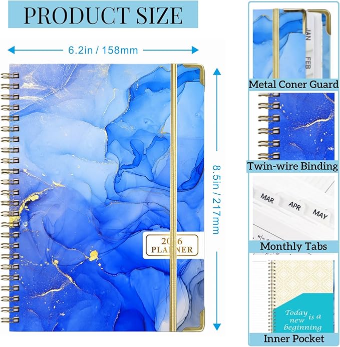Planner 2026 Men & Women,Monthly and Weekly Agenda Calendar Planner,Jan 2026 to Dec 2026,A5 (6.3" x 8.5"),Hardcover Spiral Daily Planning Book with Tabs,for Office Home School,Sky Blue