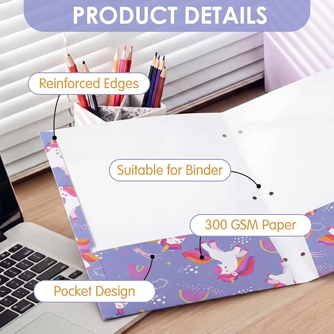 Marspark 12 Pack Pocket Folders for Girls School Folder with Pocket 3 Hole and 2 Pockets Compatible File Holder Heavy Duty Fun Trendy Design for Back to School Office Elementary Classroom Filing