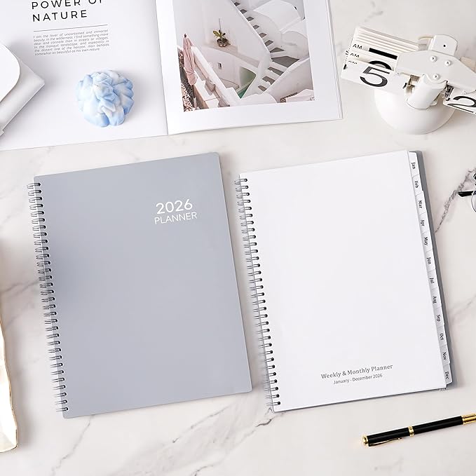 2026 Planner - January 2026 - December 2026, 9" x 11" Weekly Monthly Planner 2026, Tabs, Spiral Bound, Back Pocket, Gray