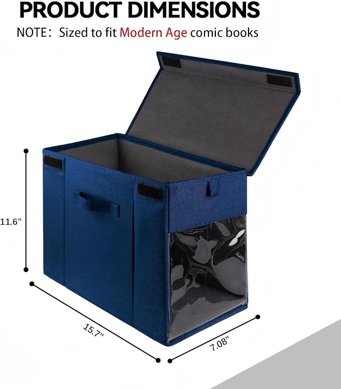 2 Pack Comic Book Storage Box with Lid for Modern Age, Collapsible Magazine Organizer with Clear Window, Blue