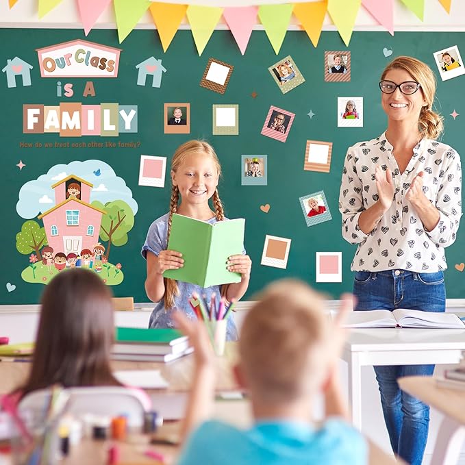 JarThenaAMCS 44Pcs Boho Bulletin Board Decoration Set for Classroom Our Class is A Family Picture Frame Paper Cutouts with Glue Points for Back to School Teachers Chalkboard Home Door Party
