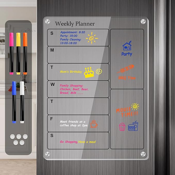 Magnetic Calendar for Fridge, Clear Acrylic Fridge Calendar Dry Erase, Monthly Calendar Magnetic for Refrigerator, Family Calendar Planning Board Include Marker (Black Text, Weekly Planner)