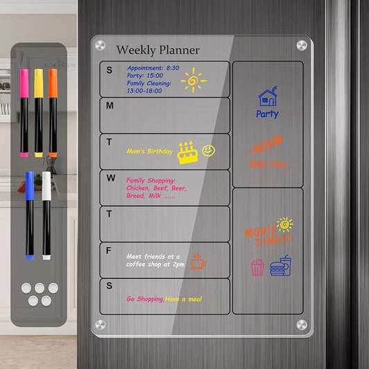 Magnetic Calendar for Fridge, Clear Acrylic Fridge Calendar Dry Erase, Monthly Calendar Magnetic for Refrigerator, Family Calendar Planning Board Include Marker (Black Text, Weekly Planner)