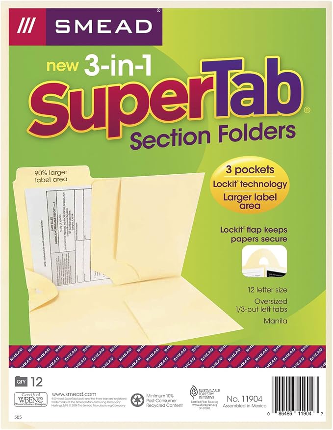 Smead 3-in-1 SuperTab Section Folder, Oversized 1/3-cut Tab, Letter Size, Manila, 12 Per Pack (11904)