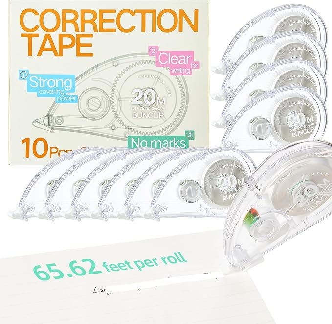 White Correction Tape, 10 Pack Bulk, Extra Long 65.62 Feet x 0.197 Inch, Strong Covering Power for Instant Corrections, Clear for Writing & No Marks for Copying, for School and Office