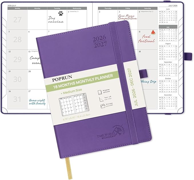 POPRUN Monthly Planner 2026-2027 (Medium- 6.5'' x 8.5'' Soft Cover), 18-Month Calendar Book (Jul.2026-Dec.2027), Calendar Planner with Monthly Tabs & Pocket, 100 GSM Paper - Purple