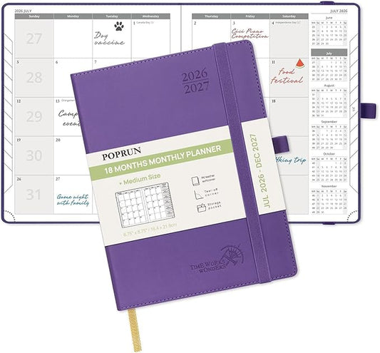 POPRUN Monthly Planner 2026-2027 (Medium- 6.5'' x 8.5'' Soft Cover), 18-Month Calendar Book (Jul.2026-Dec.2027), Calendar Planner with Monthly Tabs & Pocket, 100 GSM Paper - Purple
