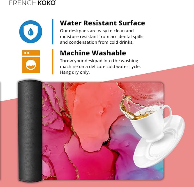 French KOKO Large Mouse Pad Desk Mat Protector Keyboard Pad Desktop Office School Decor Big Extended Laptop Computer Accessories Pretty Mousepad Women XL Cool Marble Pink Gold