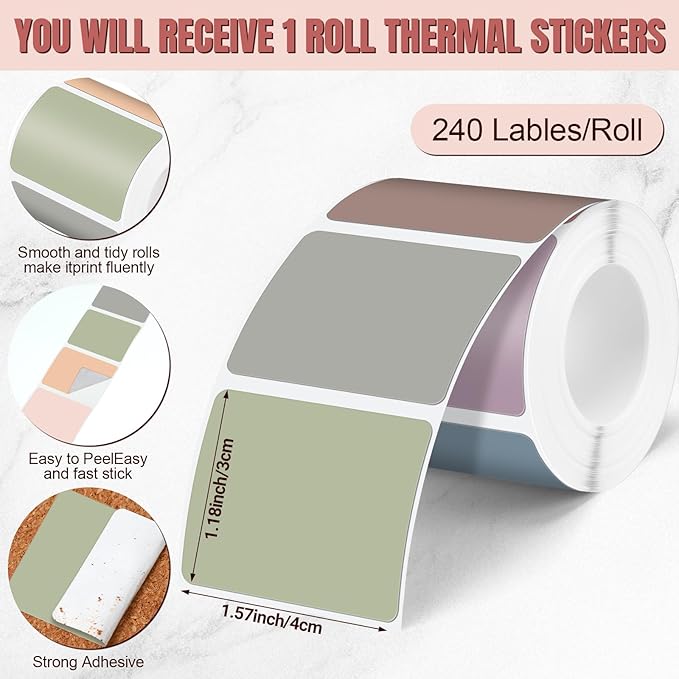 Ctosree 240 Pcs/ 1 Roll Square Thermal Sticker Labels Self Adhesive Direct Thermal Labels Multipurpose Printer Paper for DIY, Name Tag, 1.18 x 1.57 inches/ 30 x 40 mm(Multicolor)