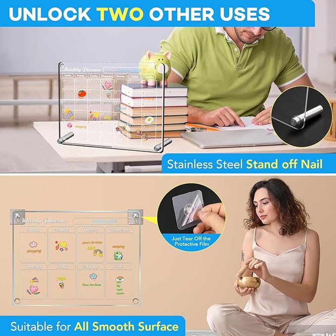 MIKEDE Magnetic Calendar for Refrigerator, 4 Pack Strong Magnets Dry Erase Board Set, 6 Colorful Markers, Acrylic Calendar for Fridge Family Planning Whiteboard Wall, Magnet Pen Holder