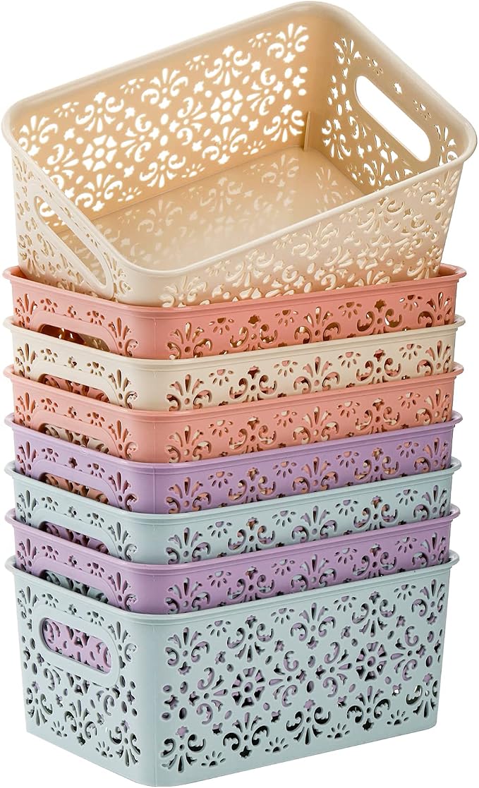 Frcctre 8 Pack Plastic Storage Baskets, Portable Small Pantry Organizer Baskets Bins with Handle, Stackable Household Organizers Nursery Basket for Home, Kitchen Cabinet Countertop Bedroom Bathroom