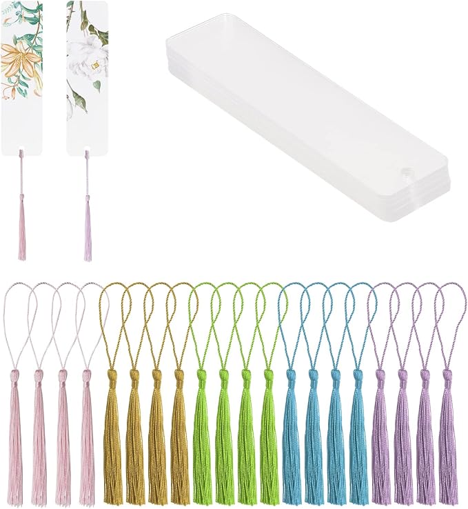 Blank Clear Bookmakrs Penta Angel 20Pcs Plastic Craft Transparent Acrylic Bookmakrs with 20Pcs Small Bookmakrs Tassels for DIY Projects and Graduation Gift Tag
