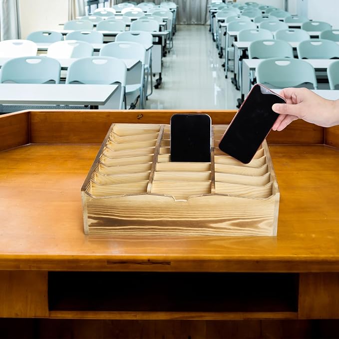 Lawei 24 Grid Wooden Cell Phones Storage Box, Desktop Mobile Phone Holder Caddy, Multi Classroom Cell Phones Organizer for School, Office, Meeting Room, Cell Phone Rack Display, No Assembly