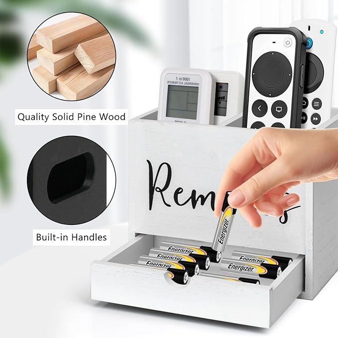 Remote Control Holder, 2 Slot TV Remote Holder& Desk Organizer with Drawers, Remote Organizer Caddy for Table, Wooden Remote Box for Nightstand,Media Storage Box for Living Room, Bed (White)