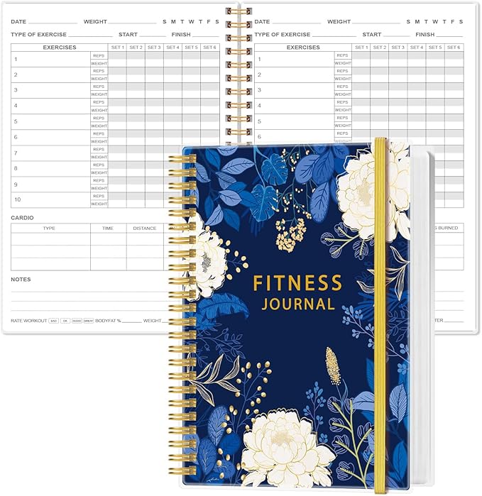 Fitness Journal for Women & Men,A5 Workout Journal/Planner Daily Exercise Log Book to Weight Loss, Gym, Muscle Gain, Bodybuilding Progress, 5.8"x8.3", Blue Leaf Flower