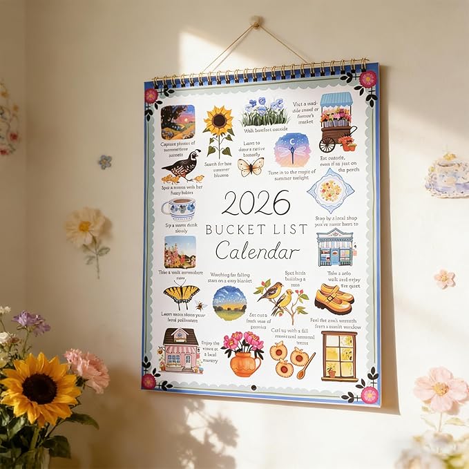 2026 Bucket List Calendar | 12-Month Wall Calendar with Illustrated Monthly Pages, Inspirational Monthly Goal Planner Spiral Wall Calendar, DIY-Friendly & Daily Prompts Women Gift for Friends (2026 Bucket List Calendar)