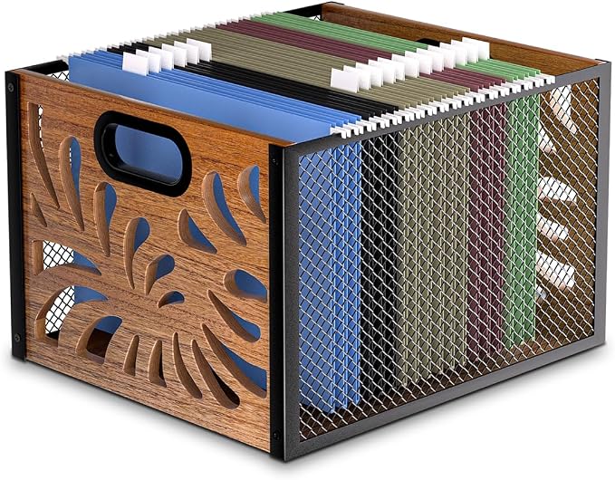 Wood File Box,Hanging File Organizer Box,Portable Files Storage Boxes,Decorative Filing Boxes Bin for Letter Size,Desktop Files Folder Organizer for Home Office School Desk Cabinet