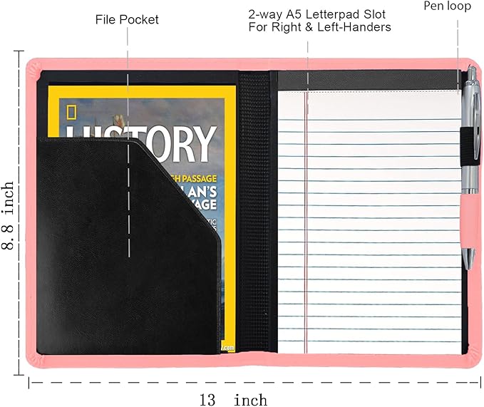 Padfolio/Portfolio Binder, Mini Padfolio Portfolio Binder 5 x 8 Legal Writing Pad, A5 Document Organizer Folder for Men Women, Light Pink