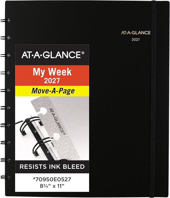 AT-A-GLANCE 2027 Appointment Book Planner, Weekly & Monthly, 8.75" x 11", Quarter-Hourly, Move-A-Page, Black (70950E0527)