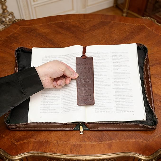 Bible Cover Case PU Leather Bible Bag for Men, with Leather Bookmark, Pen Slots, Handle, Strong and Sturdy Church Bag, Christian Gifts for Men and Women, Fits Standard Size Bibles (Brown)