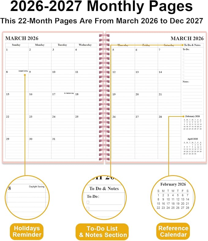 Monthly Planner 2026-2027 – Monthly Calendar from July 2026 to December 2027, 18 Month Planner with Spiral Binding, Inner Pocket, Elastic Closure, 8.5" x 11", Pink