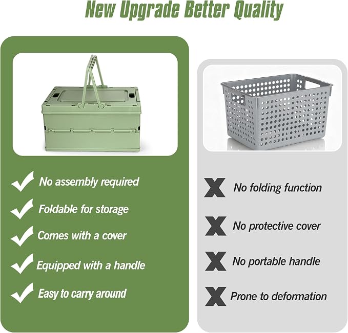 Collapsible Storage Crate, Foldable Plastic Basket with Lid and Handle, Foldable Storage Box Crate Bin for Home Kitchen Office Bathroom Bedroom Pantry (White, 2-Pack)