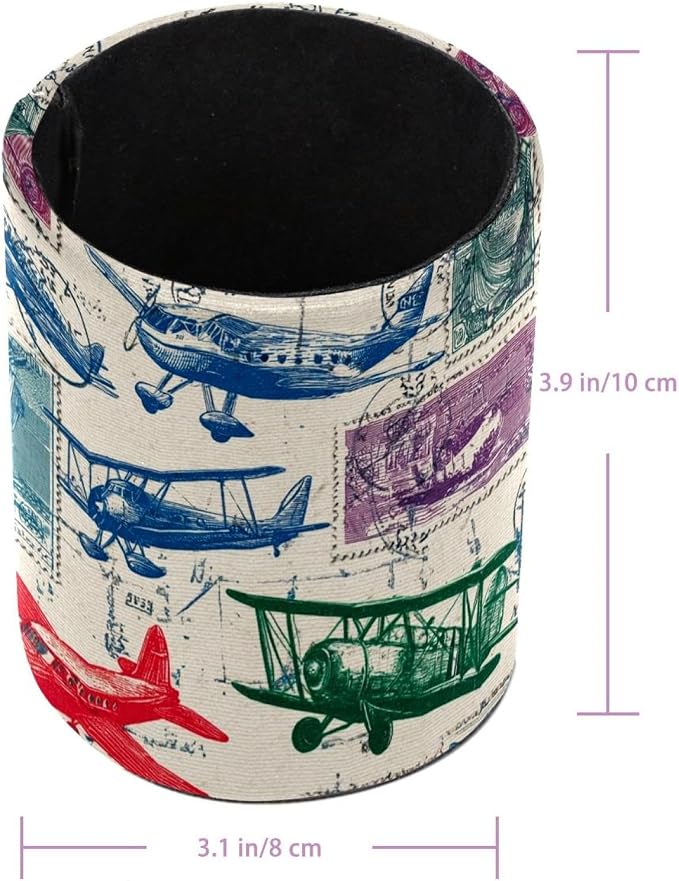 Leather Pen Holder for Desk, Airplane Retro Stamps Pencil Cup Pen Organizer Makeup Brush Holder for Office Home Kids Countertop Desk Accessory Storage