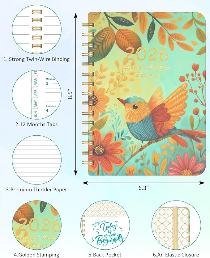 2026 Weekly and Monthly Planner - 2026 Hardcover Calendar Planner, Jan. 2026 - Dec. 2026, Daily Agenda Book with Tabs, Twin-Wire Binding, Back Pocket, School Teacher Student Supplies, A5(6.3" x 8.5") (Bird)
