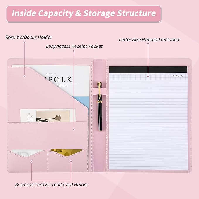 Pacific Mailer Padfolio Portfolio Leather Binder, Interview Legal Document Organizer, Business Card Holder Included Letter Sized Writing Pad [Pink, Piano Noir Faux Leather Matte Finish]