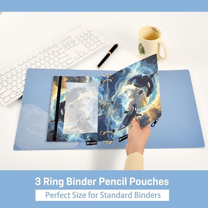 2 Pack 3 Ring Binder Pencil Pouch Dolphin Pencil Case Pencil Bags with Zipper, Clear PVC Binder Pockets for Office Daily Supplies