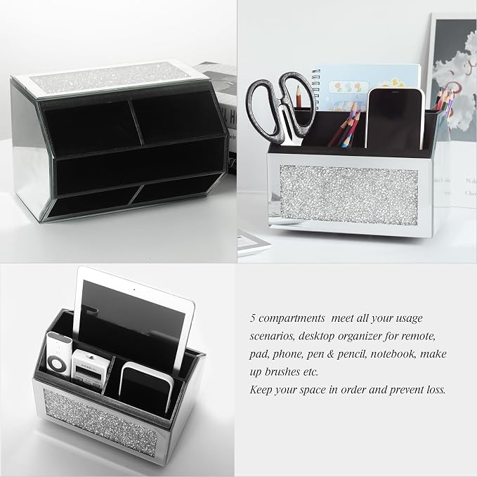 360 Rotating TV Remote Control Holder Storage Caddy for Pad Phone Pen and Pencils, Makeup Brush, Silver Crushed Diamond Desk Organizer for Bedroom Livingroom