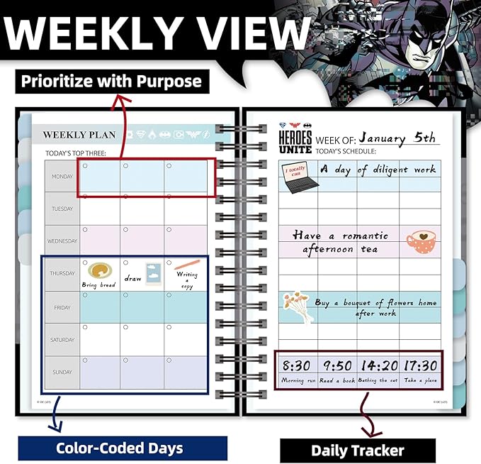 Batman 2026 Planner – Superhero Undated Daily Weekly & Monthly Planner with Calendar & Holiday Tracker, Monthly Tabs, Habit Tracker, 12 Months Spiral Agenda Book for Office School Gift Supplies