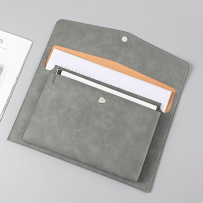 PU Leather A4 File Folder Document Holder with 2 Compartments Envelope Folder Case with Snap Closure for Receipt Contract (Gray)