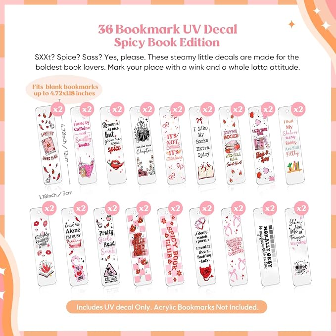 Kaciola 36 Sheets Smutty Theme UV DTF Bookmark Wraps, Acrylic Bookmark Blanks UV DTF Stickers, Rub on Transfers for Book Lover DIY (Blank Bookmarks Not Included)