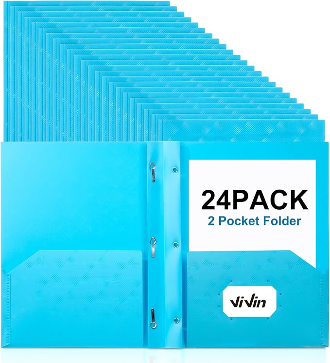 ViVin Plastic Folders with Pockets and Prongs,24 Pack,Heavy Duty 2-Pocket File Folder with 3 Fasteners,Fits Letter Size Paper,for School Home and Office(Bright Blue)