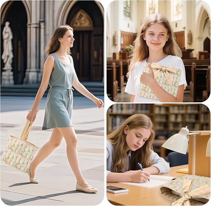Bible Cover Case for Women,Large Bible Tote Bags for Women Organizer Quilted Bible Carrying Case(new) (Khaki Flower)