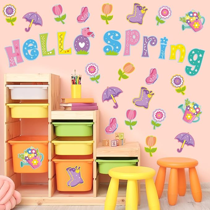 Hello Spring Flower Cut Outs for Spring Bulletin Board Decorations for Classroom with 100Pcs Glue Points,Spring Floral Classroom Decorations for Kindergarten School Spring Party Supplies (46Pcs)