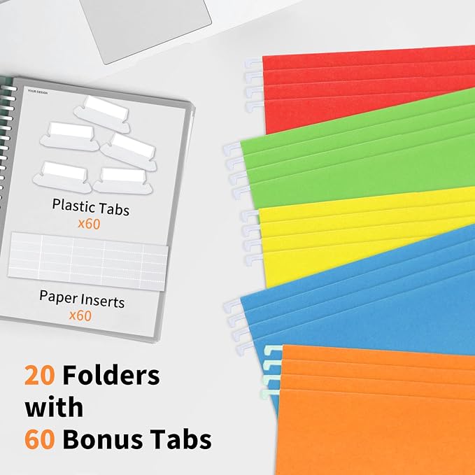 20 Pack * 3 Sections Hanging File Folders with 2 Dividers, 60 Pcs 1/5-Cut Adjustbal Tabs Included, Goefun Letter Size File Cabinet Organizer, 5 Color Assorted (No Built-in Tab on Divider)