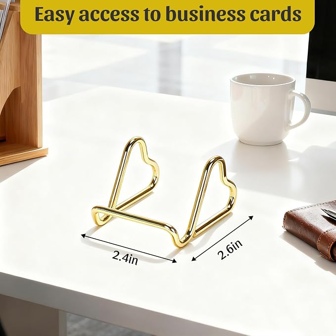 Qomamount Business Card Holder,Cute Heart-Shaped Metal Card Display Stand,Vertical Desktop Name Card Organizer,Small Phone Stand & Photo Holder for Office,Wedding,Reception,Exhibition(Gold)