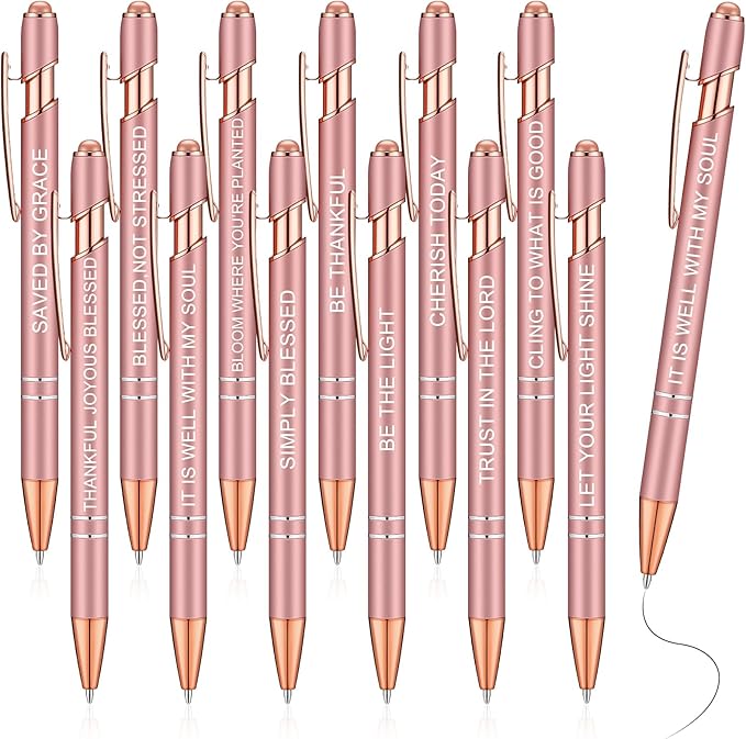 Zonon 12 Pcs Inspirational Pens Gift Set Funny Ballpoint Pen with Stylus Tip Motivational Graduation Gifts Bulk for Teacher Coworkers Nurse School Office Supplies(Rose Gold,Bible Style)