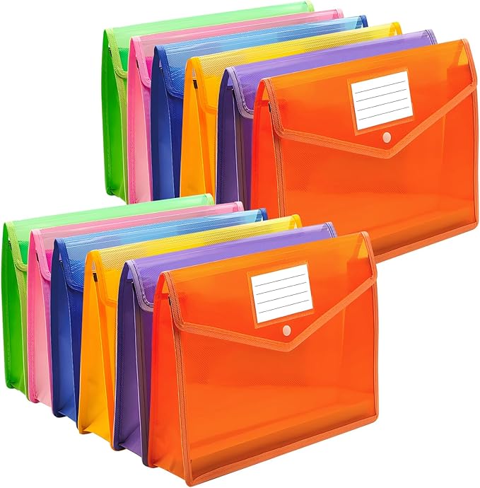 Plastic Expanding File Folder,Envelope Folders for Documents, File Folder Organizer Holder with Snap Closure,Waterproof Transparent File Folder,Large Capacity, Fit Letter/A4 Size (Multicolor-12 Pack)