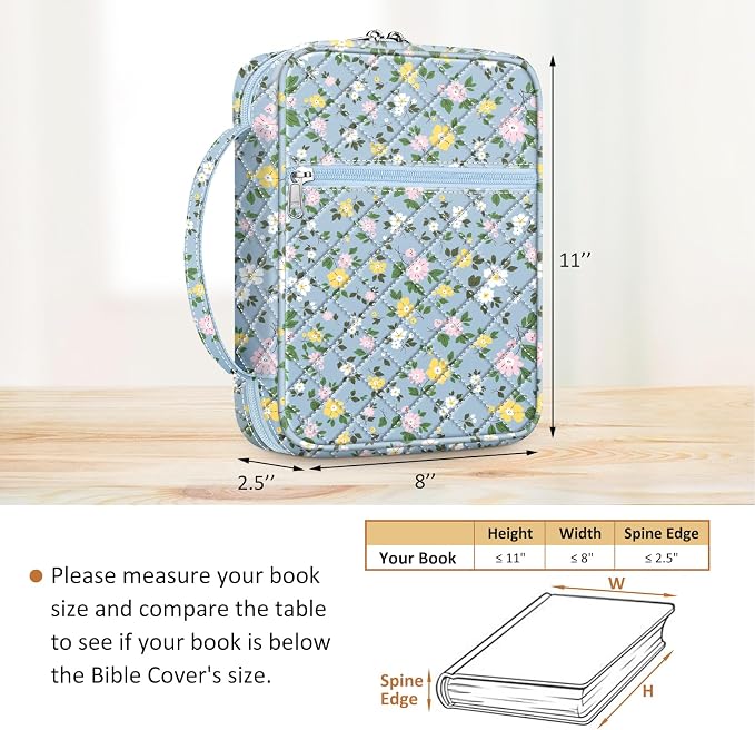 FINPAC Bible Cover, Carrying Book Case Church Bag Bible Protective with Handle and Zippered Pocket, Gift for Mother Lady Women, Floral Dusty Blue