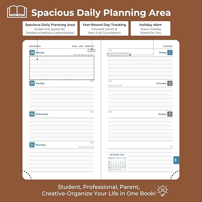 Weekly Monthly 2026-2027 Planner (July 26-Dec 27),6.5"x3.75",18 Months Agenda Plan with Month Tabs & Pocket,Expenses/Note Pages, Academic Calendar with Vegan Leather Cover,Brown