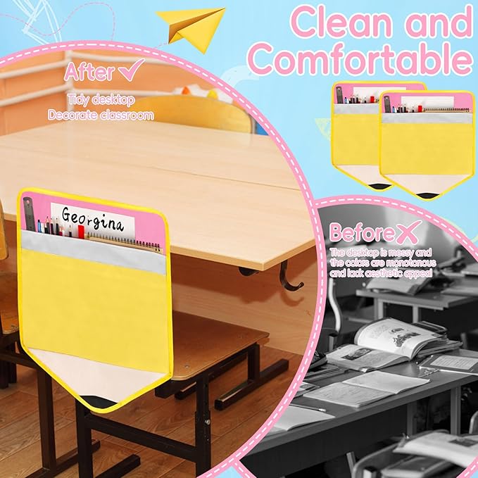 24Pcs Pencil Chair Pockets for Classroom Pencil Chair Back Buddy Pocket with Name Tags 17 x 20In Chairs Organizer 3 Pockets Seat Storage Pocket for Kids School Classroom Daycare Home Supplies