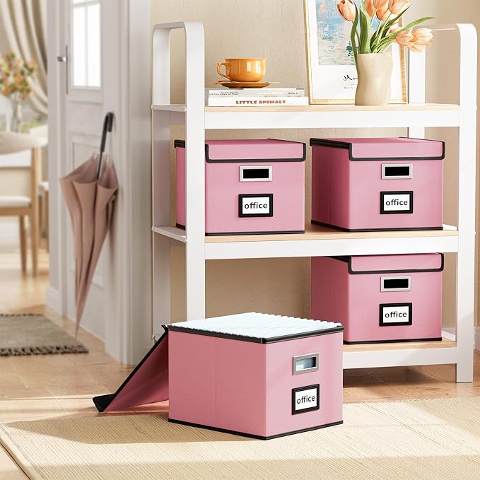 Collapsible File Storage Organizer Boxes with Lids, Linen Document Storage, Universal Hanging Filing Organization Boxes for Letter/Legal, Decorative Office/Home File Bins - Boxes Only(2 Pack)