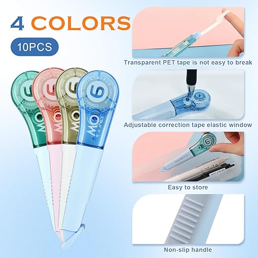 10 Pcs Correction Tape for Instant Error Fixing, Easy-to-Use Pen-Style Applicator, 1/5 Inch x 236 Inches, Aesthetic Office & School Supplies